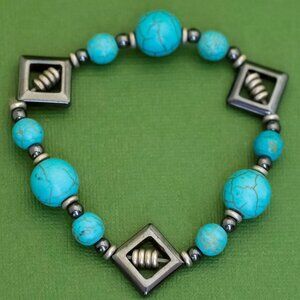 Vintage Blue Beads Geometric Diamonds Silver Tone Beaded Bracelet, K30